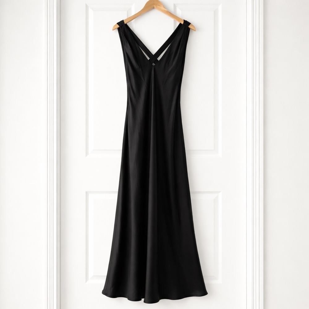 Vtg A.B.S. Allen Schwartz Black Satin Maxi Gown Open Back Goth Glam Siren 6